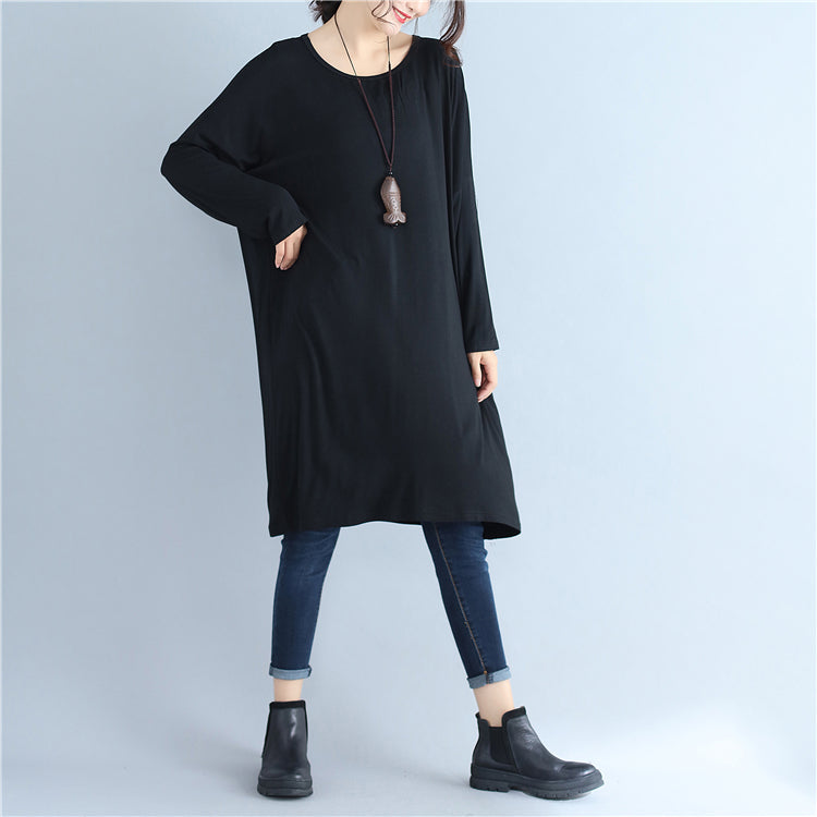 2024 schwarzes lässiges Pulloverkleid aus Baumwolle in Übergröße, einfarbig, mit Rundhalsausschnitt