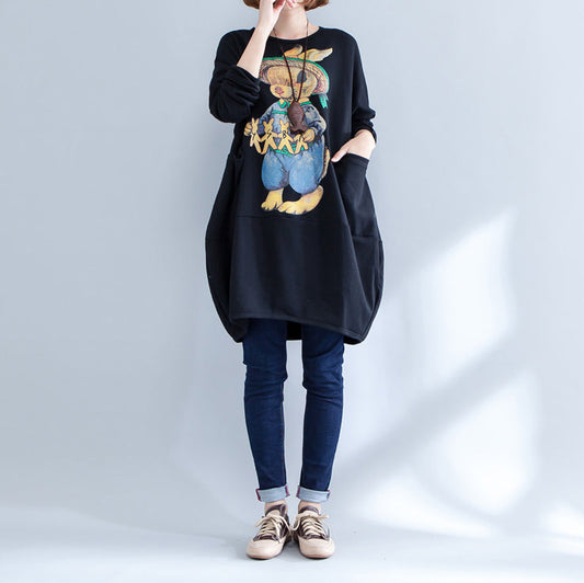 2024 schwarzes warmes Freizeitkleid aus Baumwolle mit Tiermuster in Übergröße, langärmeliges Pulloverkleid