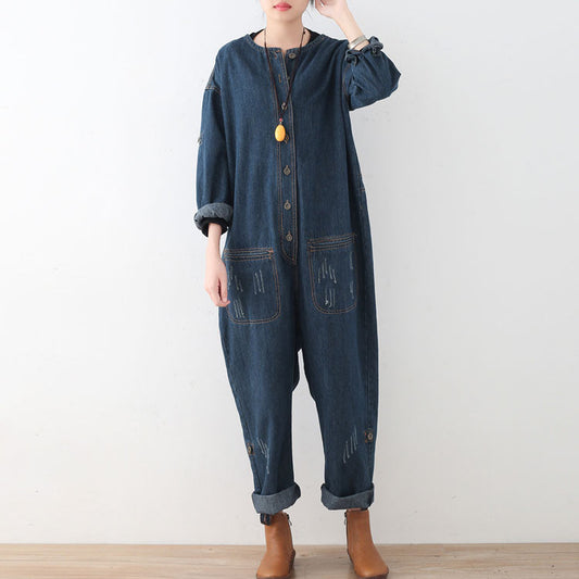 2024 blue casual cotton high waist plus size jumpsuit pants