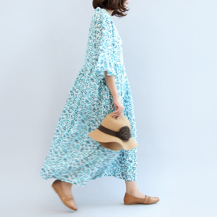 2024 Leinenkleider mit blauem Aufdruck, lässiges Maxikleid in Übergröße