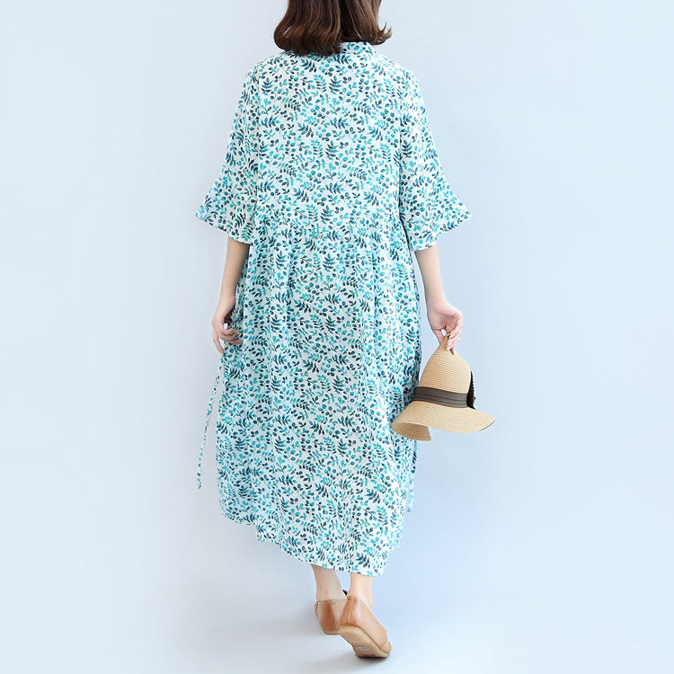 2024 Leinenkleider mit blauem Aufdruck, lässiges Maxikleid in Übergröße