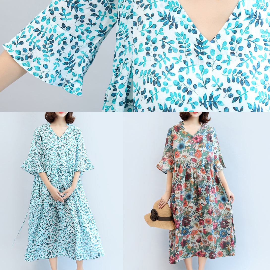 2024 Leinenkleider mit blauem Aufdruck, lässiges Maxikleid in Übergröße