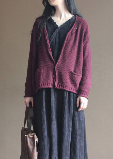 2024 Burgund gemütlichen Pullover lässige Pullover Frauen Herbst Bluse V-Ausschnitt