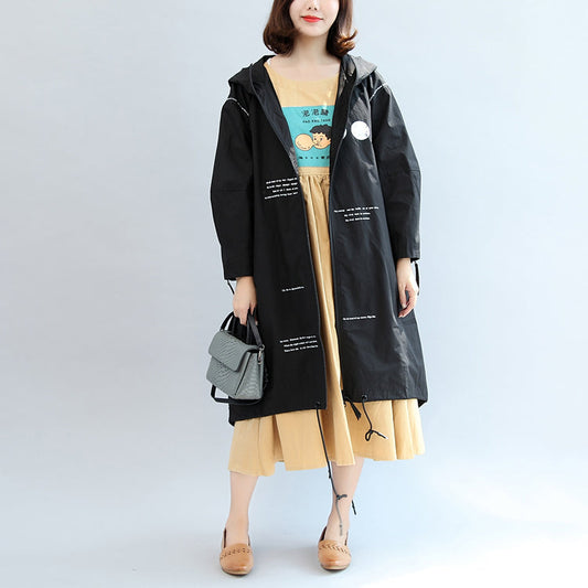 2024 Herbst schwarze Baumwollbluse mit Alphabet-Print, Oversize-Langarm-Kapuzenmantel
