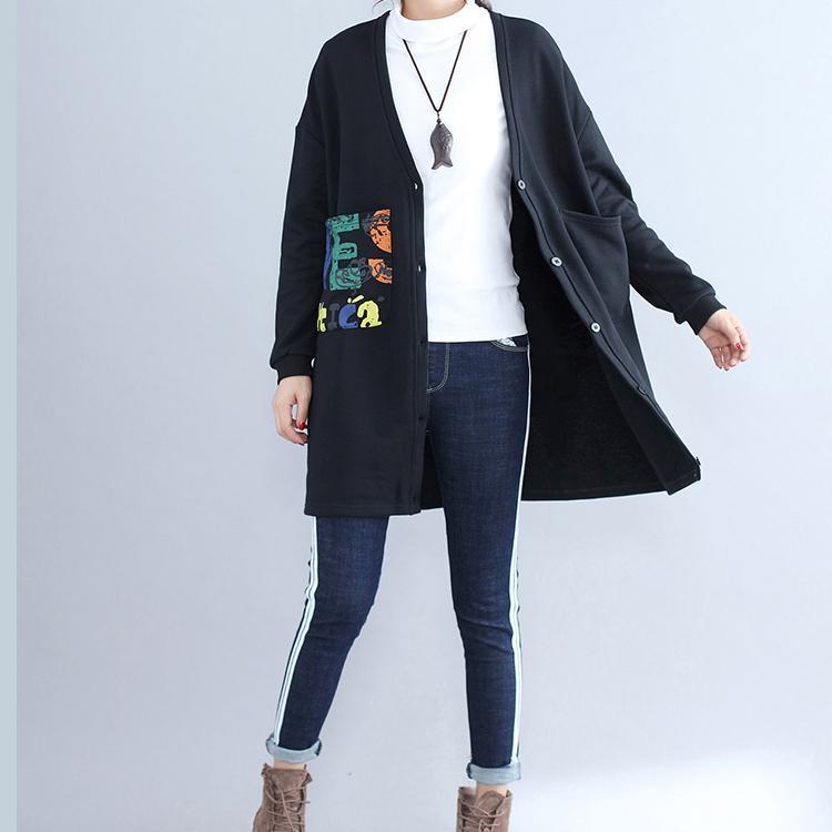 2024 fall black alphabet print cotton coat plus size v neck hooded cardigans outwear