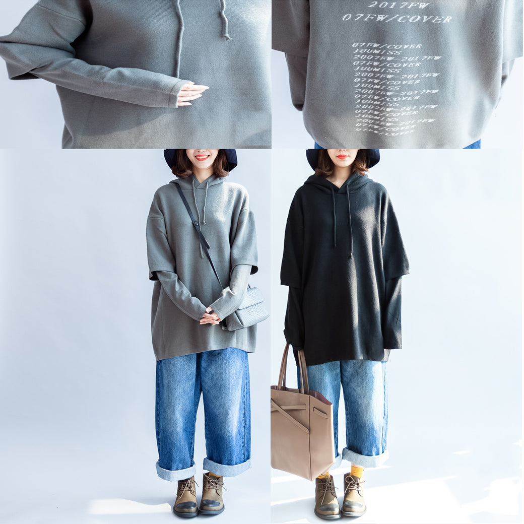 2024 Herbst schwarzer Wollmischmantel mit Aufdruck in Übergröße, Kapuze, mehrlagige Ärmel, mittellange Oberbekleidung