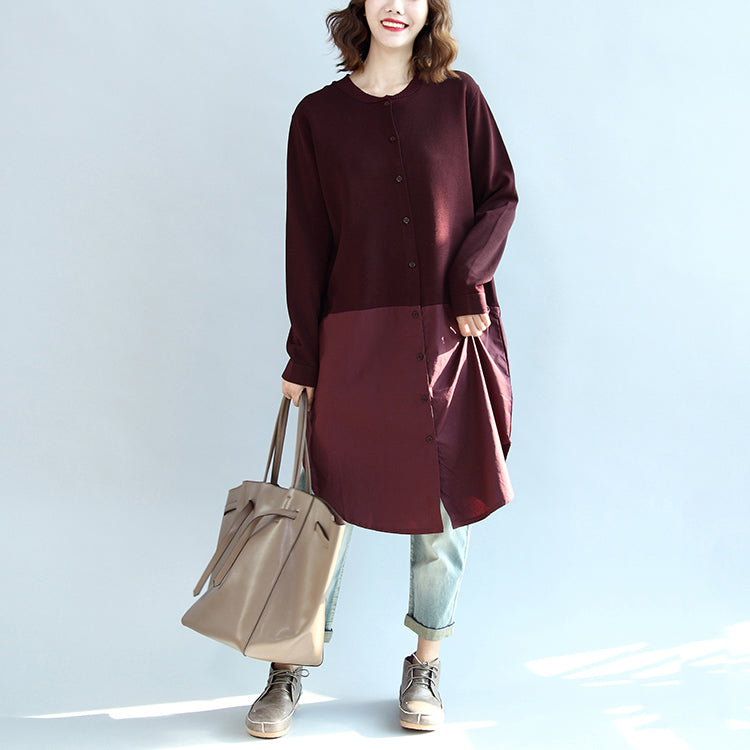 2024 Herbst Burgund Patchwork Saum Baumwolle Pullover Kleider Plus Größe Casual Strickhemden Kleid