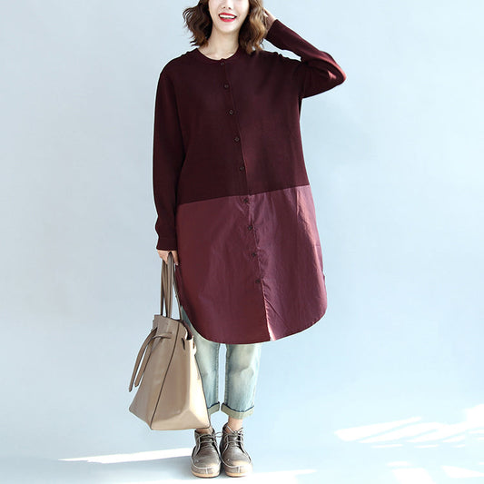 2024 Herbst Burgund Patchwork Saum Baumwolle Pullover Kleider Plus Größe Casual Strickhemden Kleid