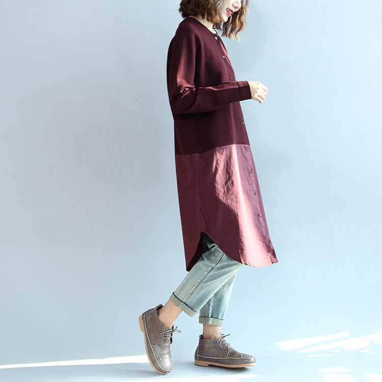 2024 Herbst Burgund Patchwork Saum Baumwolle Pullover Kleider Plus Größe Casual Strickhemden Kleid