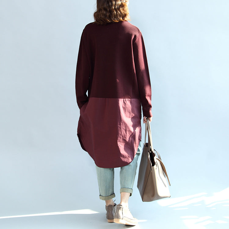 2024 Herbst Burgund Patchwork Saum Baumwolle Pullover Kleider Plus Größe Casual Strickhemden Kleid