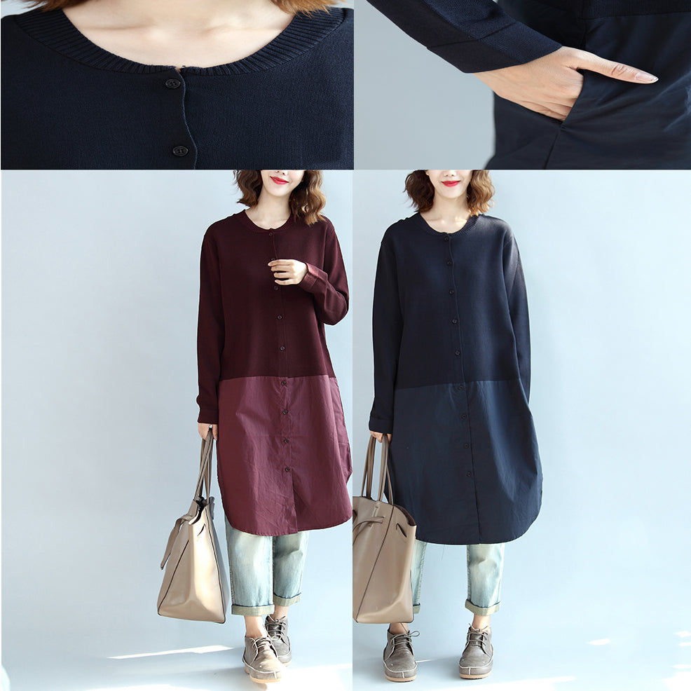 2024 Herbst Burgund Patchwork Saum Baumwolle Pullover Kleider Plus Größe Casual Strickhemden Kleid
