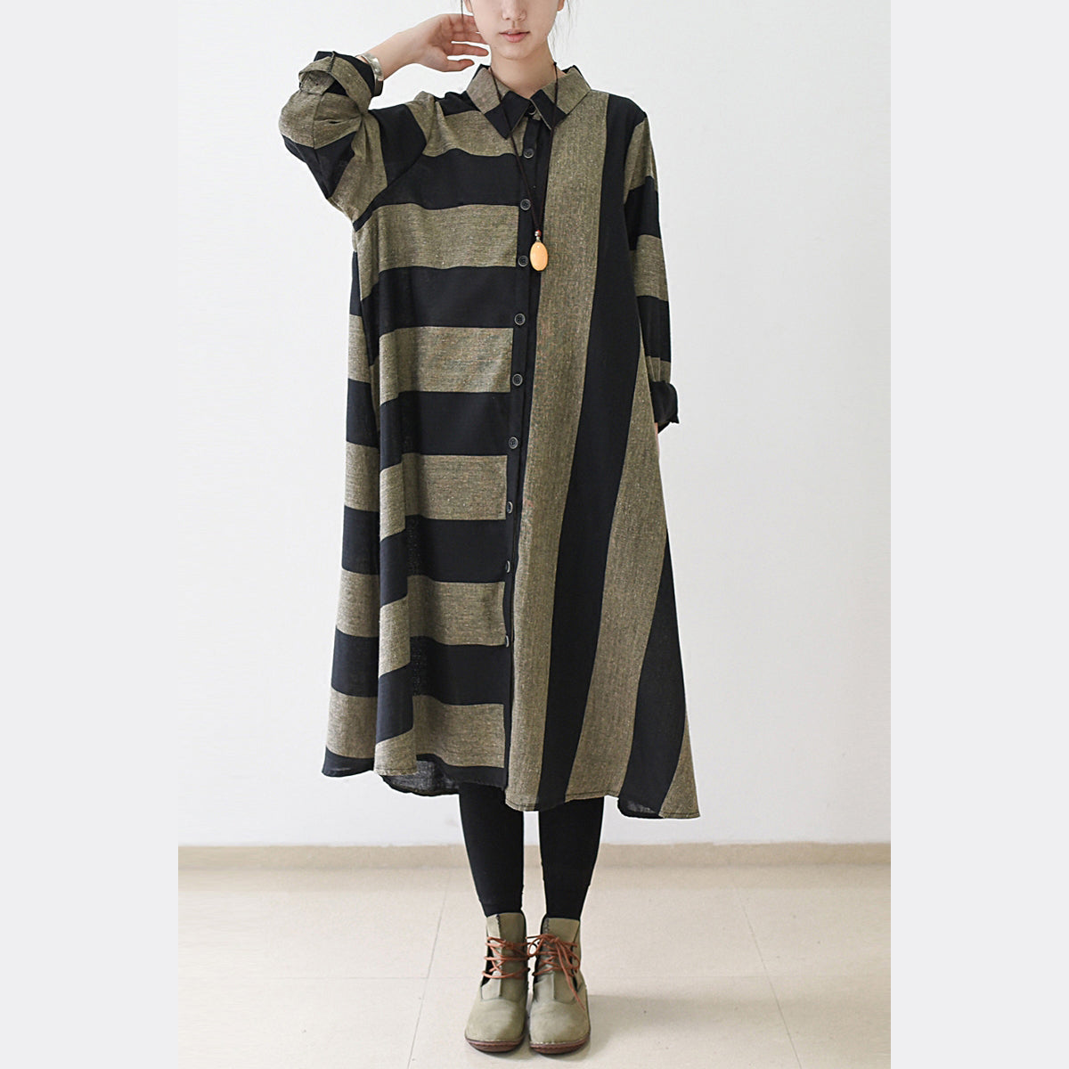 2024 Herbst Streifen Leinen Maxikleider Plus Size Casual Baumwolle Kaftan Kleid