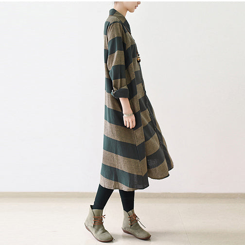 2024 Herbst Streifen Leinen Maxikleider Plus Size Casual Baumwolle Kaftan Kleid