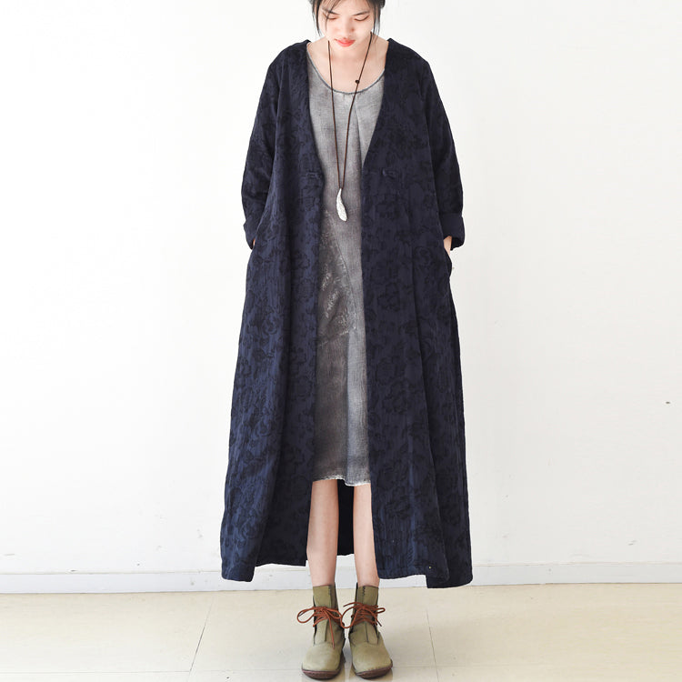 Herbsttrend 2024: Marineblaue Jacquard-Leinenmäntel, langer Maximantel, lässige Strickjacke mit V-Ausschnitt