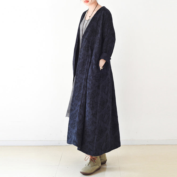 Herbsttrend 2024: Marineblaue Jacquard-Leinenmäntel, langer Maximantel, lässige Strickjacke mit V-Ausschnitt