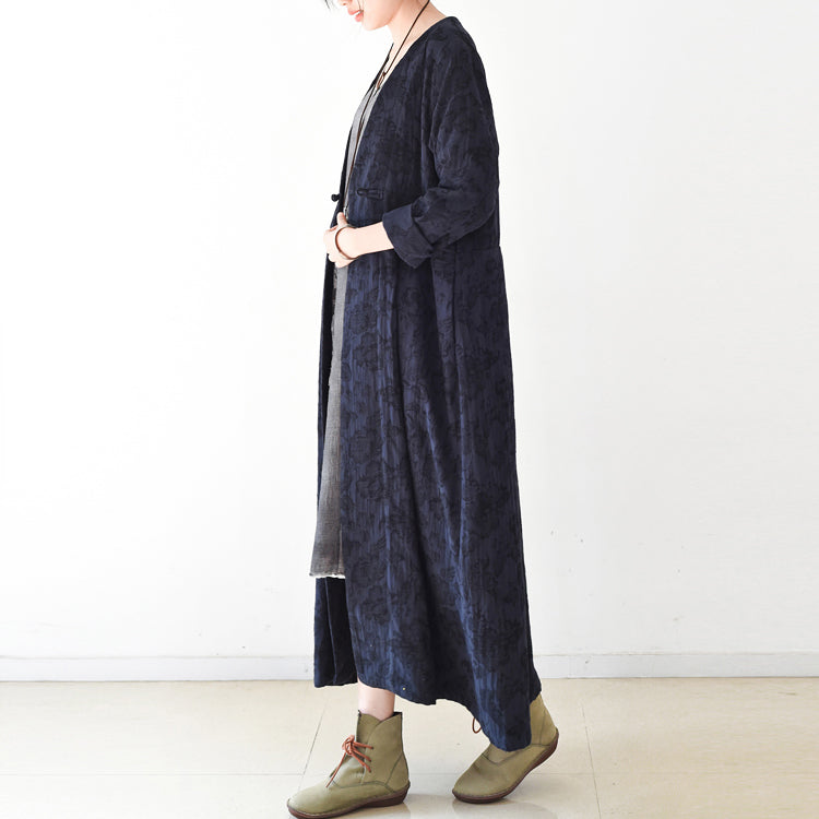 Herbsttrend 2024: Marineblaue Jacquard-Leinenmäntel, langer Maximantel, lässige Strickjacke mit V-Ausschnitt