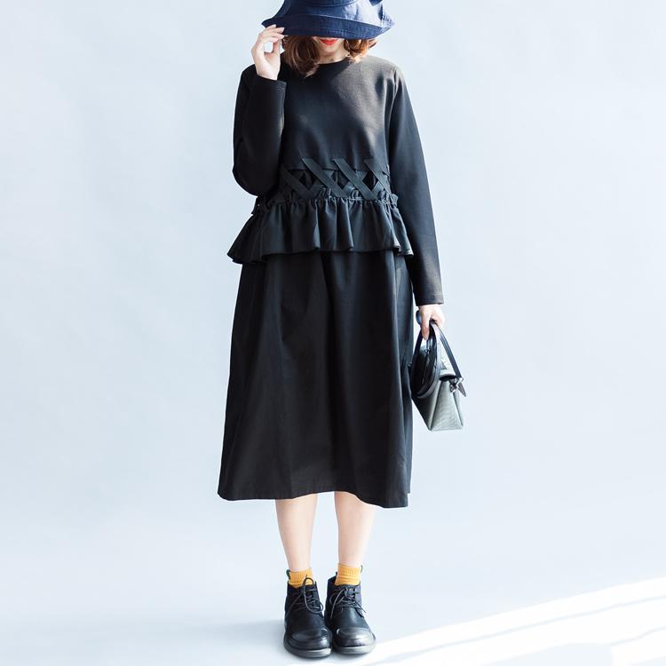 2024 Herbst Vintage schwarze Baumwollkleider Baggy lose Rüschen Langarm Freizeitkleid