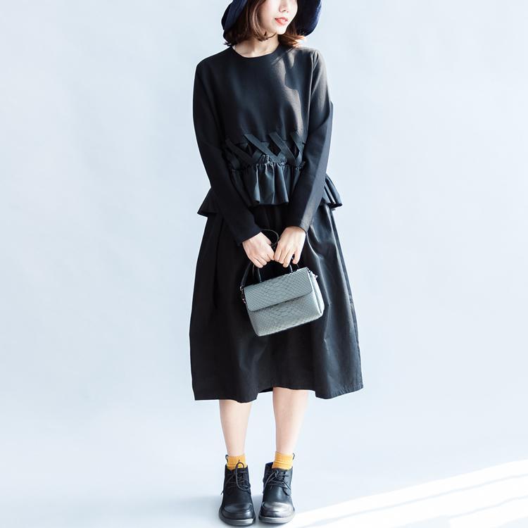 2024 Herbst Vintage schwarze Baumwollkleider Baggy lose Rüschen Langarm Freizeitkleid