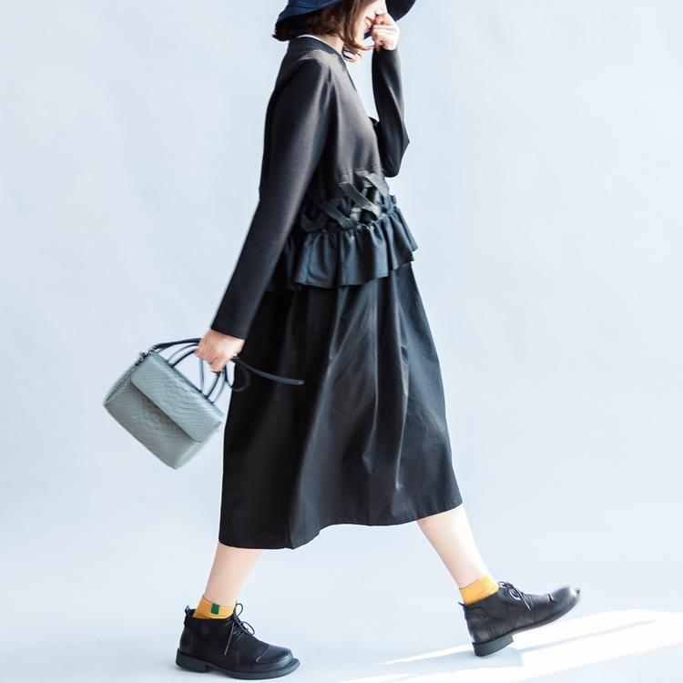 2024 Herbst Vintage schwarze Baumwollkleider Baggy lose Rüschen Langarm Freizeitkleid