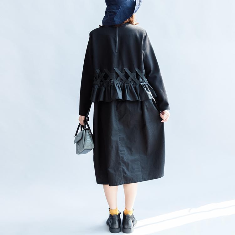 2024 Herbst Vintage schwarze Baumwollkleider Baggy lose Rüschen Langarm Freizeitkleid