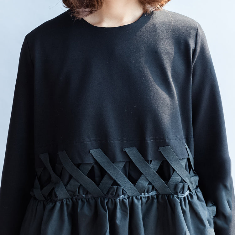 2024 Herbst Vintage schwarze Baumwollkleider Baggy lose Rüschen Langarm Freizeitkleid
