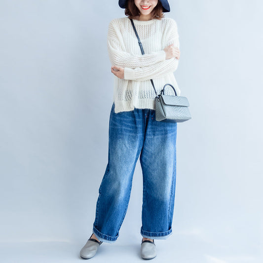 2024 herbst weiß aushöhlen baumwolle stricken tops plus größe casual langarm pullover seite offen