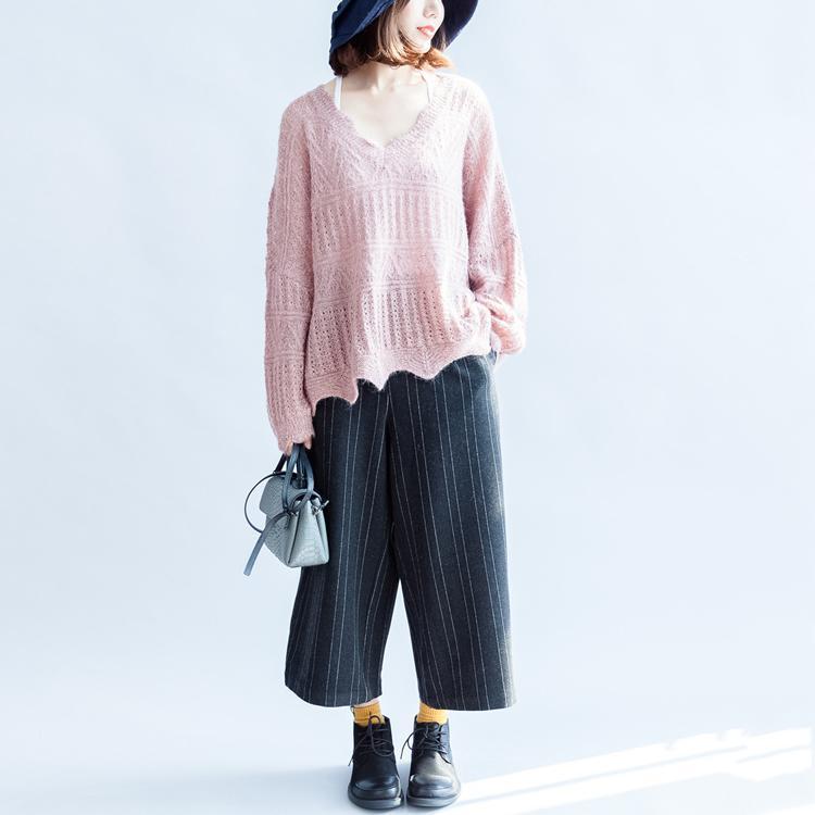 2024 Mode Baumwollstrickoberteile Rüschen Oversize-Pullover mit V-Ausschnitt