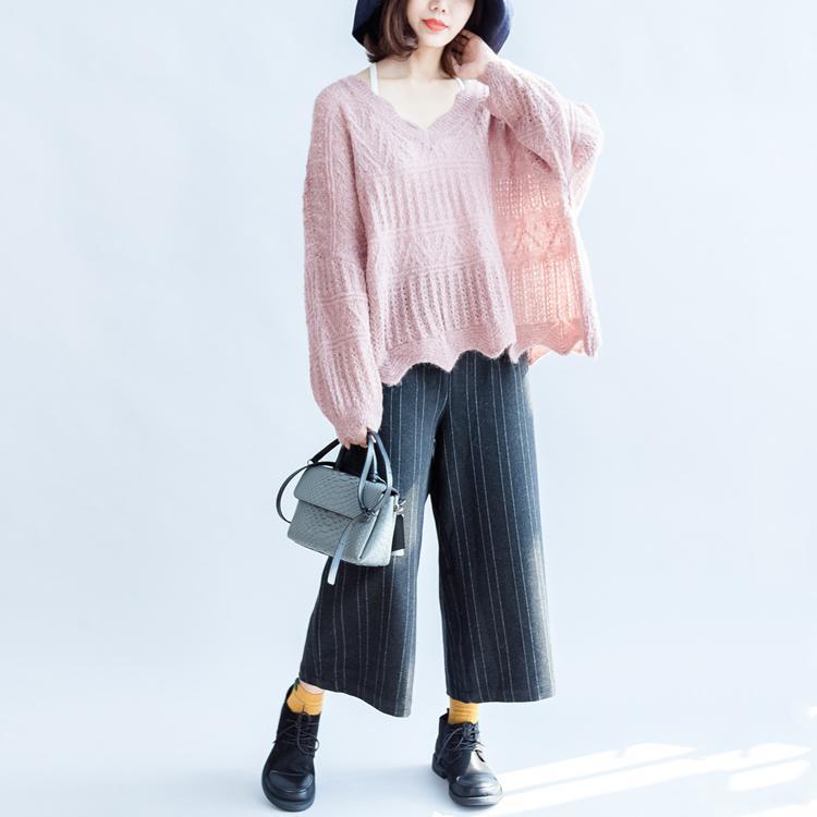 2024 Mode Baumwollstrickoberteile Rüschen Oversize-Pullover mit V-Ausschnitt