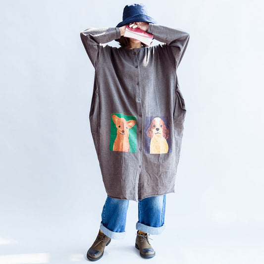 2024 graue Baumwoll-Cardigans mit Cartoon-Print in Übergröße, lässige große Mäntel