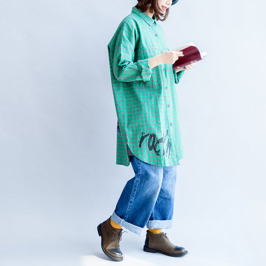 2024 grüne Baumwolltops mit Cartoon-Print, baggy, lockeres Gitter, lässige Langarmbluse