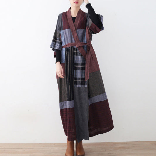 2024 mehrfarbiges langes Leinenkleid Locker sitzendes Patchwork-Leinenkleid Neue Kaftane mit Taillenbindung