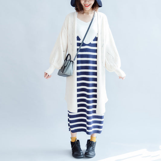 2024 neue beige ausgehöhlte Baumwoll-Strickjacke in Übergröße mit großen Laternenärmeln