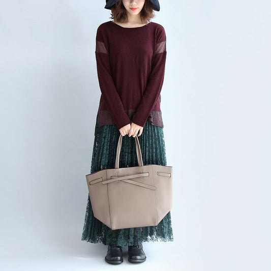 2024 neue burgunderfarbene Patchwork-Oberteile aus Wollmischung in Übergröße, Pullover, seitlich offen