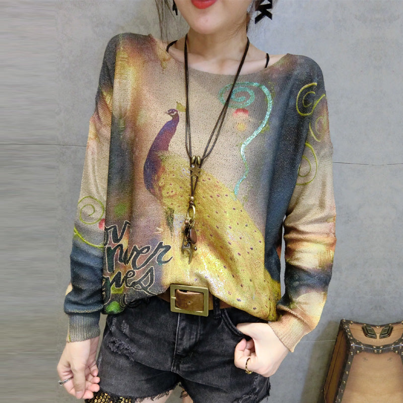 2024 neue goldene Phoenix-Prints, Baumwoll-Strickoberteile, lässiger Langarmpullover in Übergröße