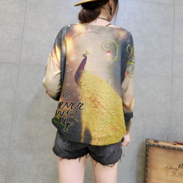 2024 neue goldene Phoenix-Prints, Baumwoll-Strickoberteile, lässiger Langarmpullover in Übergröße