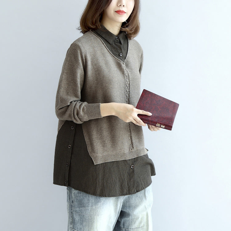 2024 neue khakifarbene Gitterstrickoberteile, feiner lässiger Langarmpullover, falsche zweiteilige