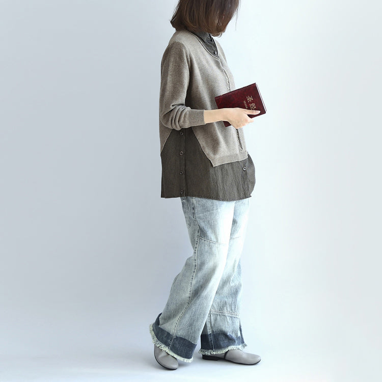 2024 neue khakifarbene Gitterstrickoberteile, feiner lässiger Langarmpullover, falsche zweiteilige