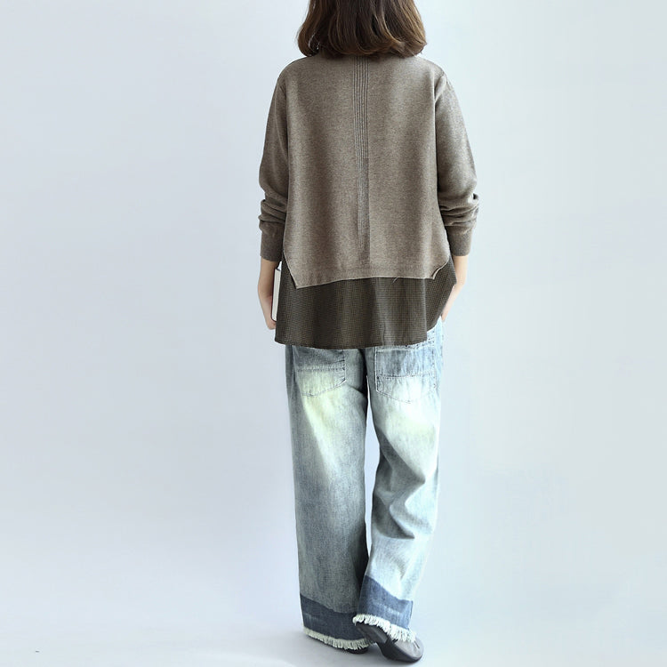 2024 neue khakifarbene Gitterstrickoberteile, feiner lässiger Langarmpullover, falsche zweiteilige