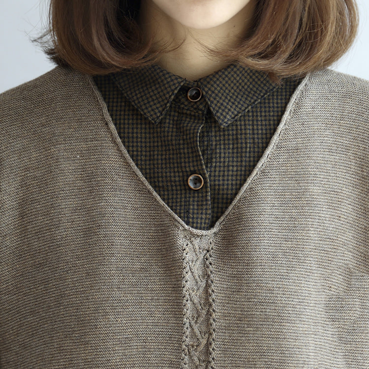 2024 neue khakifarbene Gitterstrickoberteile, feiner lässiger Langarmpullover, falsche zweiteilige