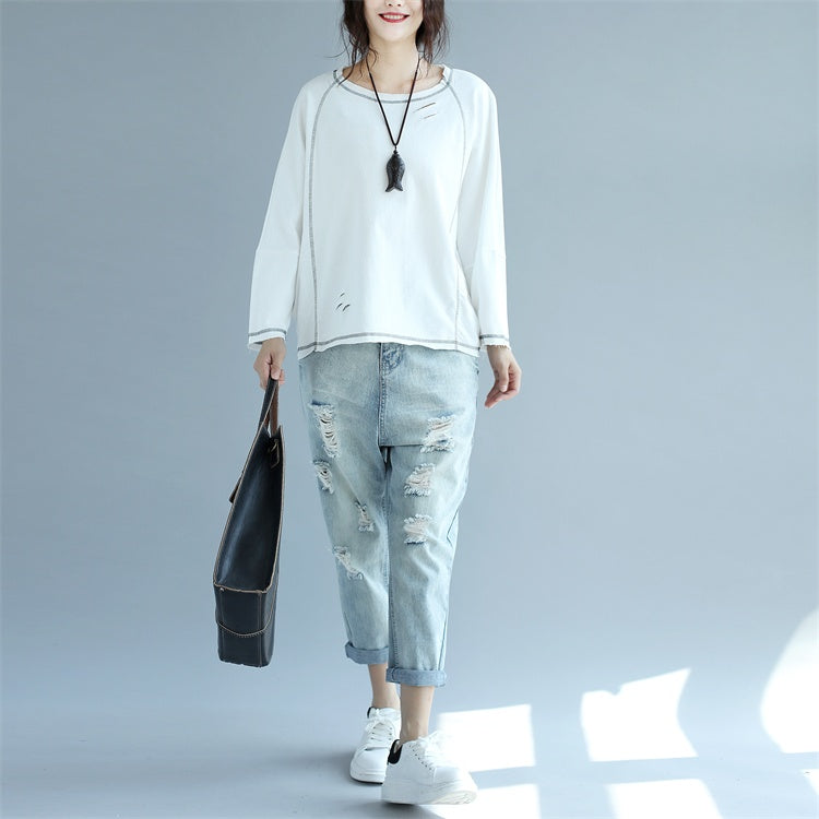 2024 neue weiße Baumwoll-Mode-Tops in Übergröße, stylischer Pullover