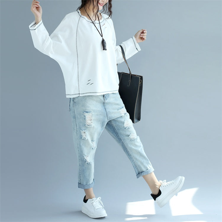 2024 neue weiße Baumwoll-Mode-Tops in Übergröße, stylischer Pullover