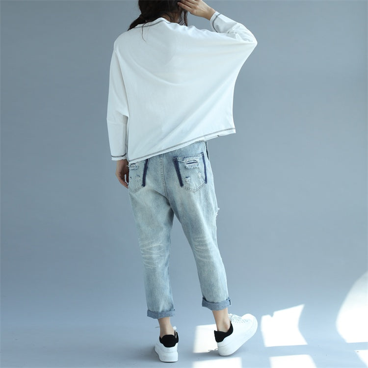 2024 neue weiße Baumwoll-Mode-Tops in Übergröße, stylischer Pullover