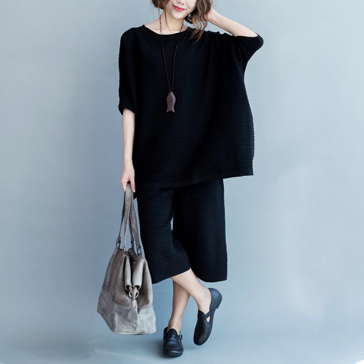 2024 stylische schwarze dünne Pullover aus Baumwolle und lässige Hosen mit weitem Bein stricken zwei Stücke
