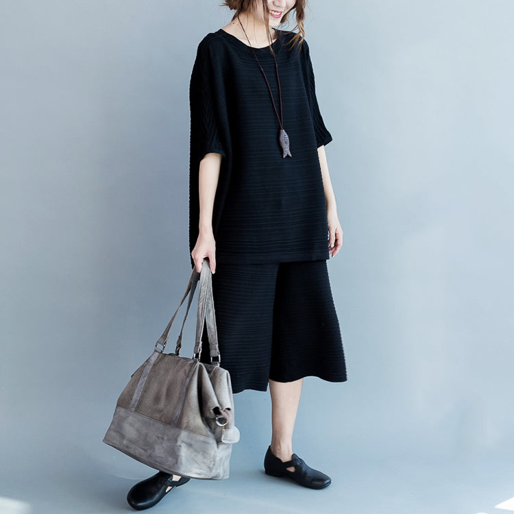 2024 stylische schwarze dünne Pullover aus Baumwolle und lässige Hosen mit weitem Bein stricken zwei Stücke