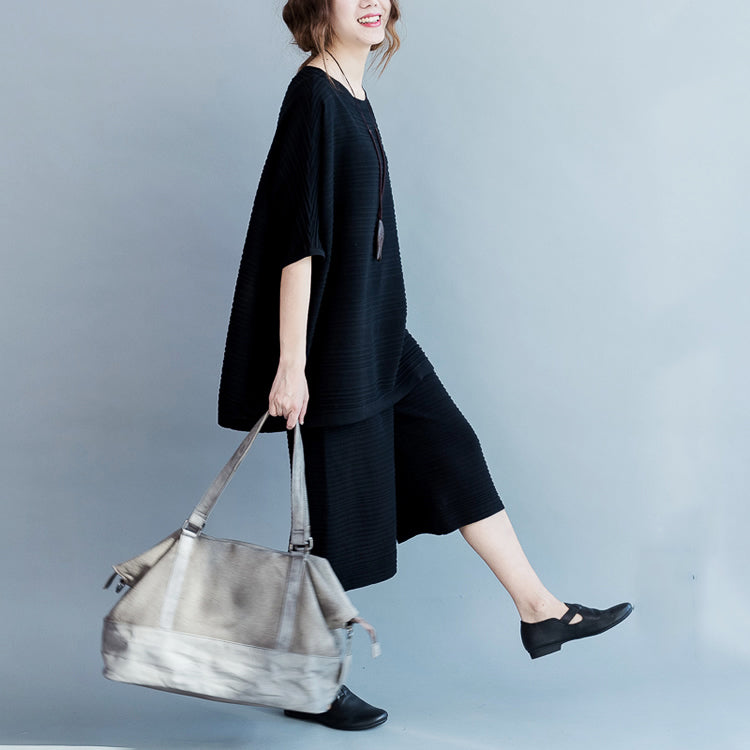 2024 stylische schwarze dünne Pullover aus Baumwolle und lässige Hosen mit weitem Bein stricken zwei Stücke