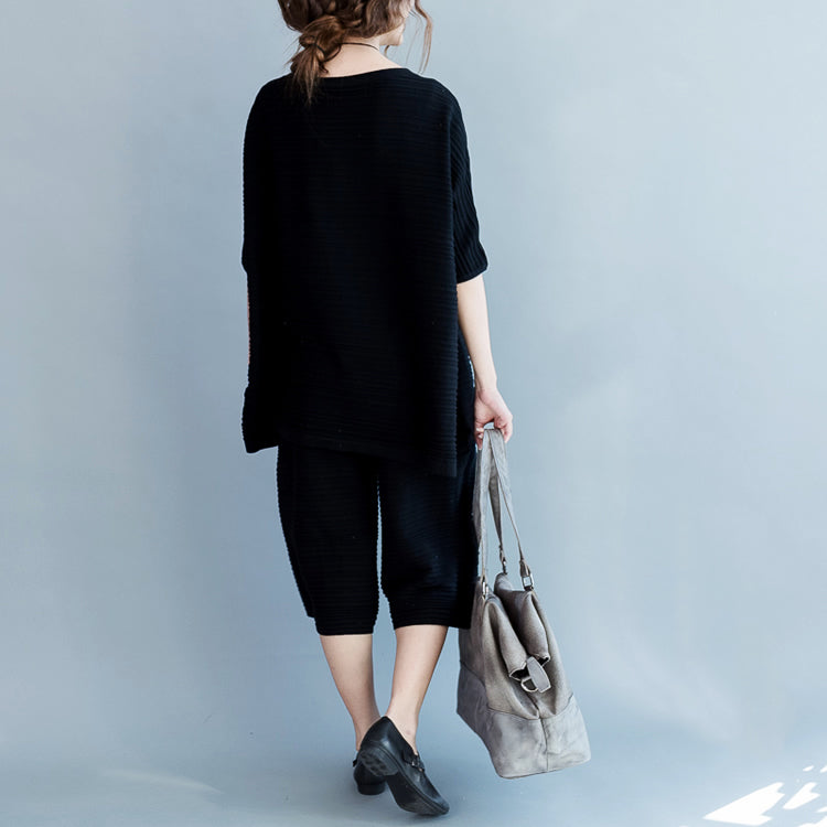 2024 stylische schwarze dünne Pullover aus Baumwolle und lässige Hosen mit weitem Bein stricken zwei Stücke