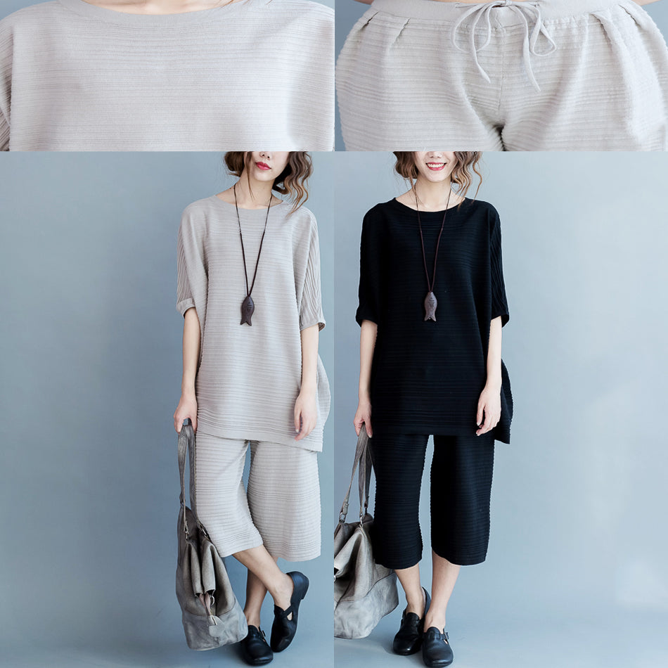 2024 stylische schwarze dünne Pullover aus Baumwolle und lässige Hosen mit weitem Bein stricken zwei Stücke