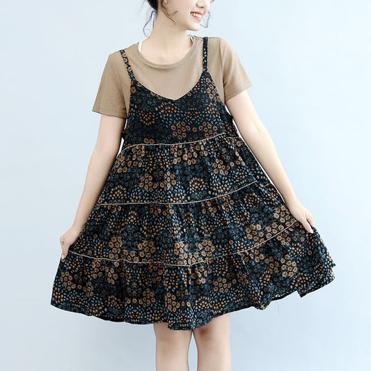 2024 Sommer braunes lässiges T-Shirt und florale stilvolle ärmellose Leinenkleider zweiteilig