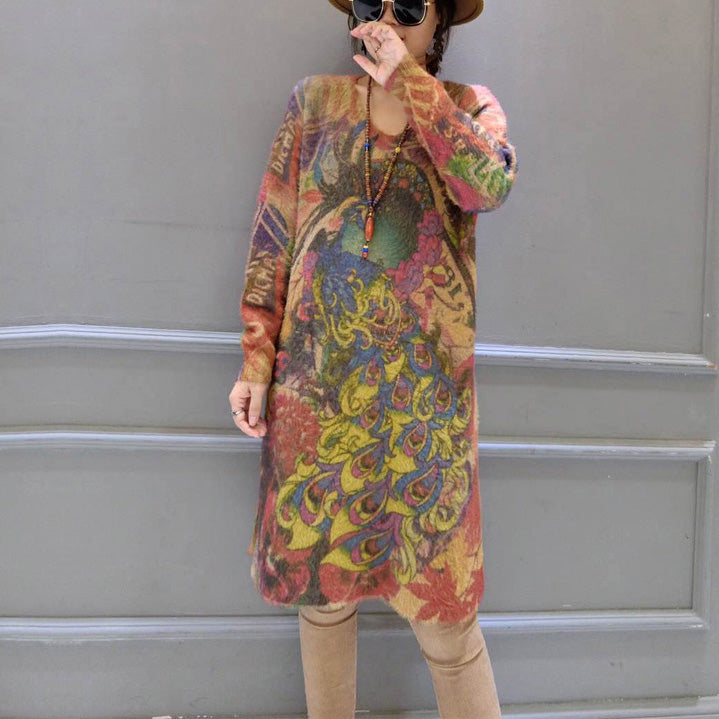 2024 Vintage elastische Wollpullover Kleider lose Phoenix Print lässige Frauen gemütliche Strickkleid