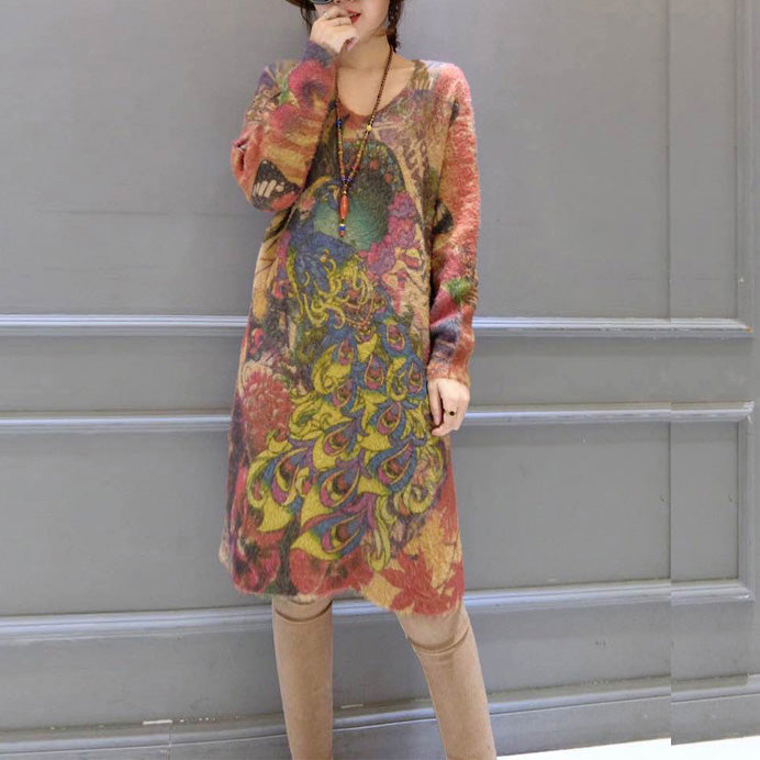 2024 Vintage elastische Wollpullover Kleider lose Phoenix Print lässige Frauen gemütliche Strickkleid